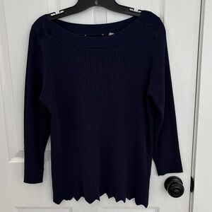 Navy Blue 3/4 Sleeve Ribbed Sweater with Scalloped edge on Bottom